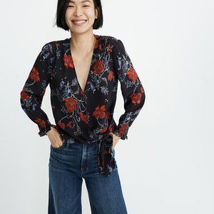 Madewell silk smocked-sleeve wrap top